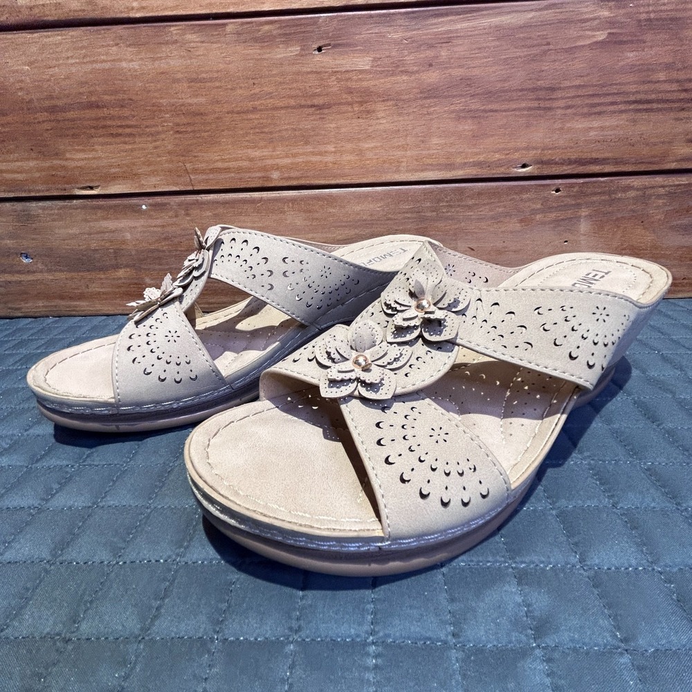 TEMOFON Women's Wedge Sandals Leather: Low Heels Platform - Size 10